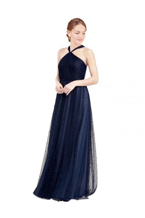 Azul Marino 21 línea A Halter Tul Largo Vestidos de dama de honor Tiendas