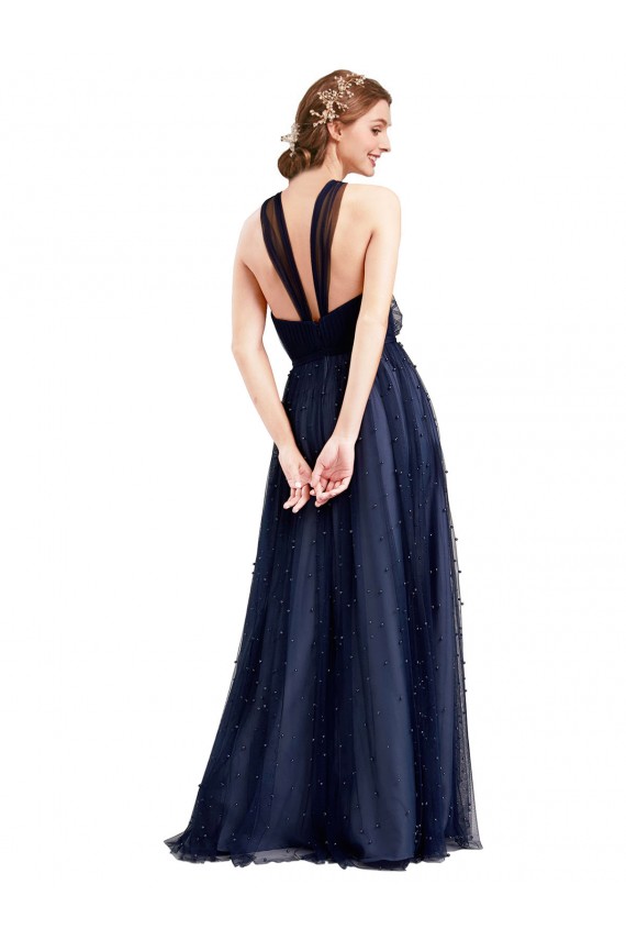Azul Marino 21 línea A Halter Tul Largo Vestidos de dama de honor Tiendas