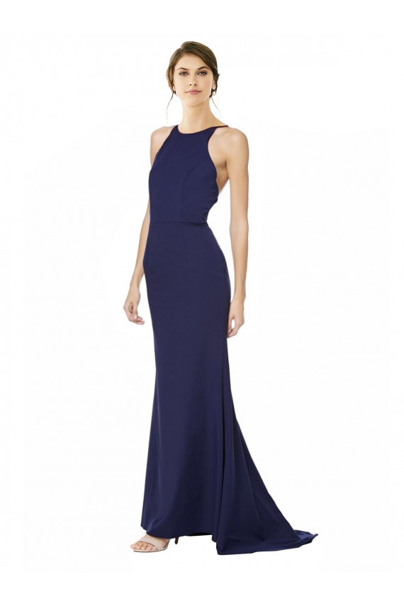 Azul Marino Sirena Halter Cuello Alto Crepé Elástico Largo Formales Vestidos de dama de honor / Vestidos de fiesta Tiendas