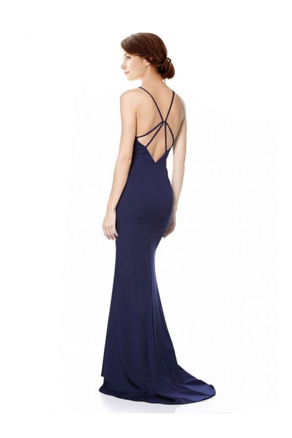 Azul Marino Sirena Halter Cuello Alto Crepé Elástico Largo Formales Vestidos de dama de honor / Vestidos de fiesta Tiendas
