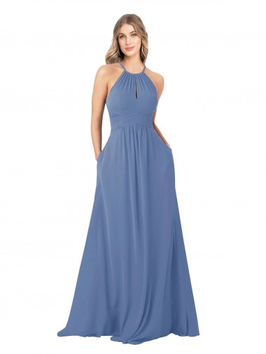 Azul Windsor línea A Cuello Alto Gasa Largo Vestidos de dama de honor Tiendas