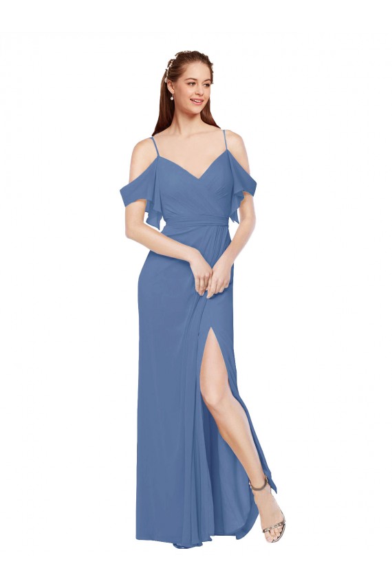 Azul Windsor línea A Hombros Descubiertos Gasa Largo Vestidos de dama de honor Tiendas