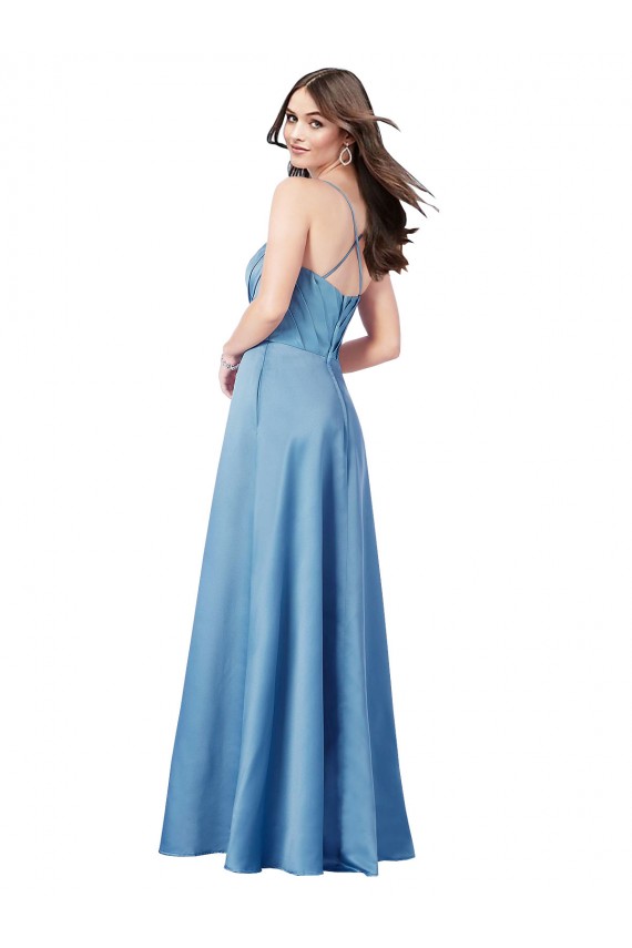 Azul cielo Cubierta Tirantes espagueti Cuadrado Satén Largo Formales Vestidos de dama de honor / Vestidos de fiesta Tiendas