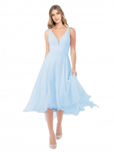 Azul cielo claro línea A Cuello en V Midi Gasa Corto Vestidos de dama de honor / Vestidos de cóctel Tiendas