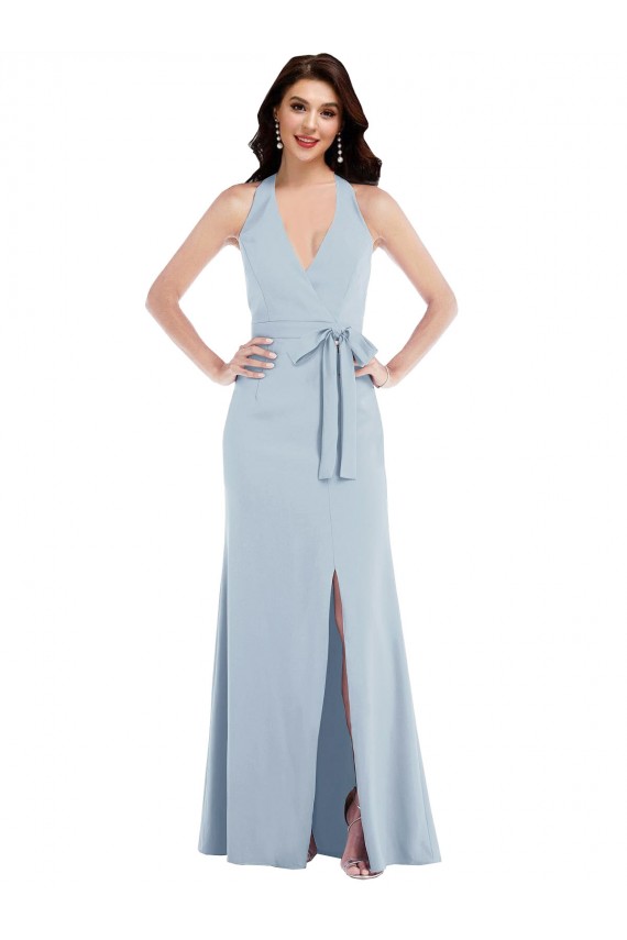 Azul cielo claro línea A Halter Cuello en V Crepé Elástico Largo Formales Vestidos de dama de honor / Vestidos de fiesta Tiendas