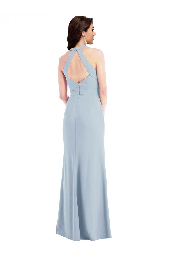 Azul cielo claro línea A Halter Cuello en V Crepé Elástico Largo Formales Vestidos de dama de honor / Vestidos de fiesta Tiendas