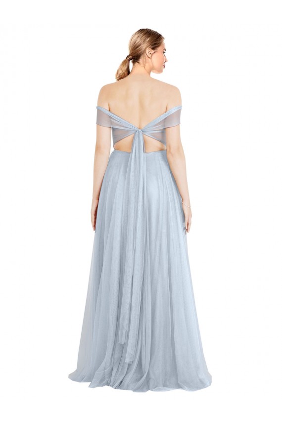Azul cielo claro línea A Hombros Descubiertos Tul Largo Vestidos de dama de honor Tiendas