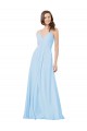 Azul cielo claro línea A Tirantes espagueti Cuello en V Gasa Largo Vestidos de dama de honor Tiendas