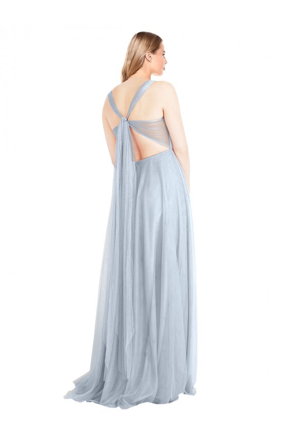 Azul cielo claro línea A Tirantes espagueti Tul Largo Vestidos de dama de honor Tiendas