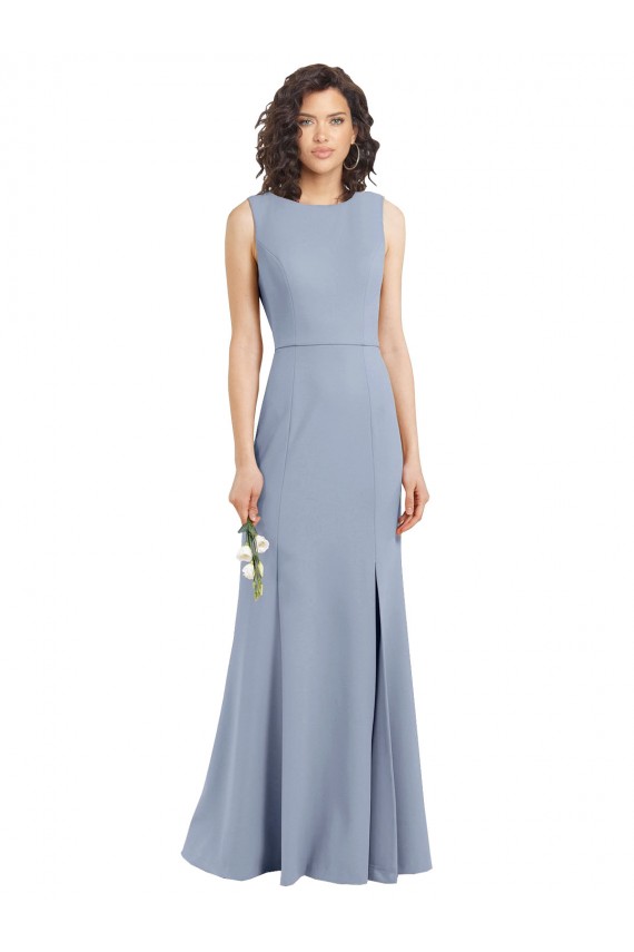 Azul humo Cubierta Cuello Barco Cuello Alto Crepé Elástico Largo Vestidos de dama de honor Tiendas