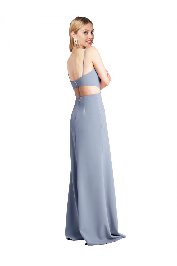 Azul humo línea A Tirantes espagueti Cucharón Crepé Elástico Largo Vestidos de dama de honor / Vestidos de fiesta Tiendas