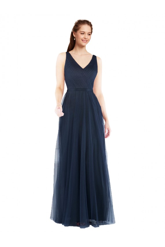 Azul marina oscuro Cubierta Cuello en V Tul Largo Vestidos de dama de honor Tiendas