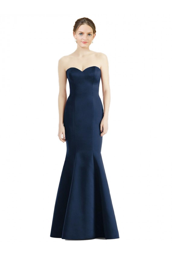 Azul marina oscuro Sirena Cuello de Corazón Satén Largo Vestidos de dama de honor Tiendas