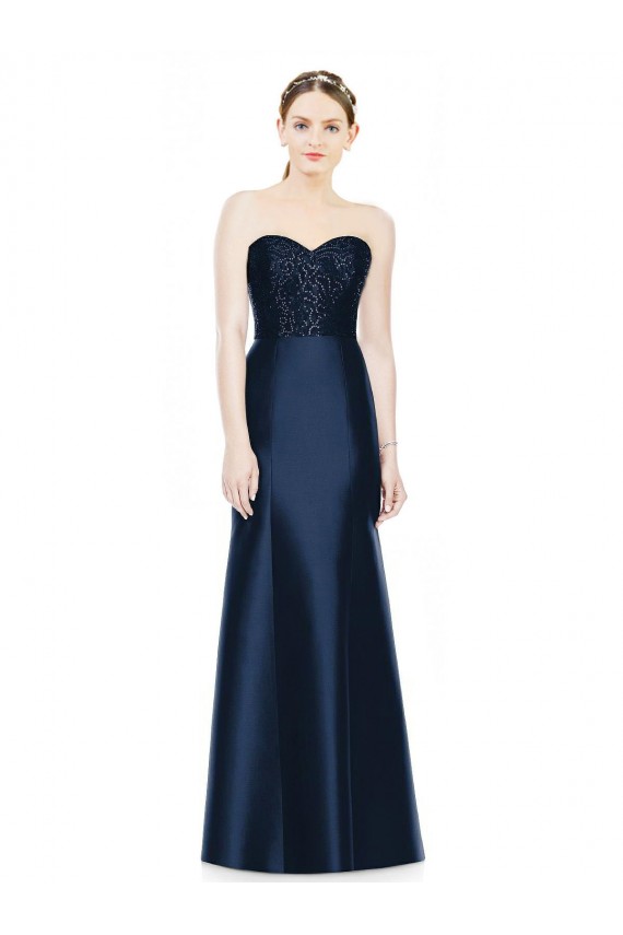 Azul marina oscuro Sirena Cuello de Corazón Sin tirantes Satén Largo Vestidos de dama de honor Tiendas
