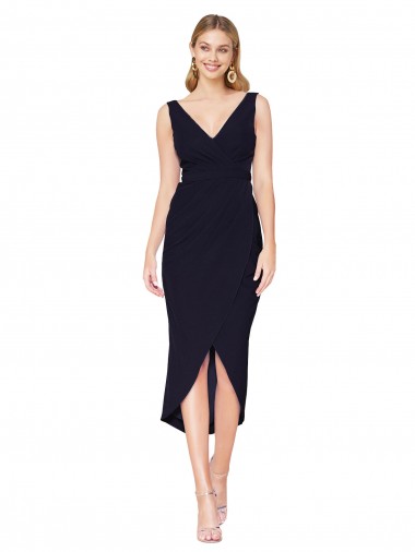 Azul marina oscuro Sirena Cuello en V Cuello Alto Crepé Elástico Corto Asimétrico Formales Vestidos de dama de honor / Vestidos de fiesta / Vestidos de cóctel Tiendas