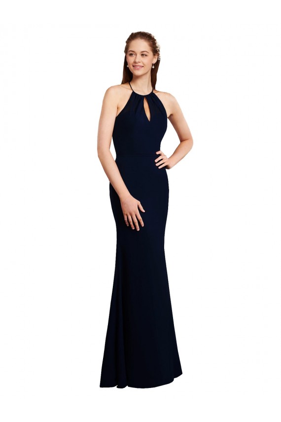 Azul marina oscuro Sirena Halter Gasa Largo Vestidos de dama de honor Tiendas
