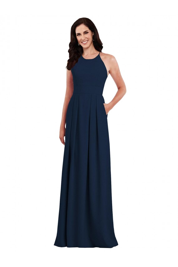 Azul marina oscuro Trompeta Halter Crepé Elástico Largo Vestidos de dama de honor Tiendas