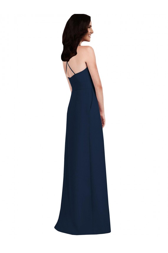Azul marina oscuro Trompeta Halter Crepé Elástico Largo Vestidos de dama de honor Tiendas