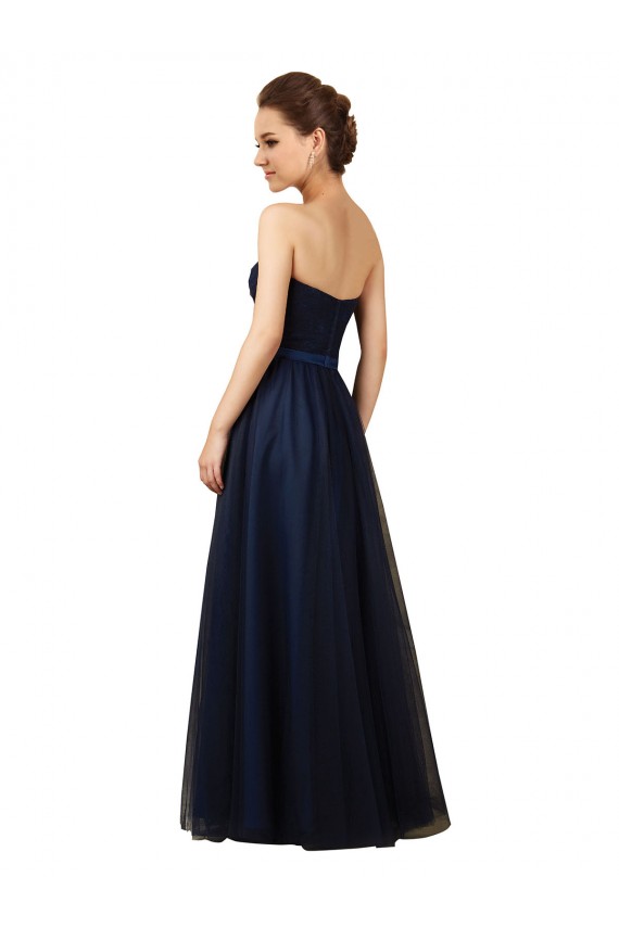 Azul marina oscuro línea A Cuello de Corazón Sin tirantes Tul Largo Vestidos de dama de honor Tiendas