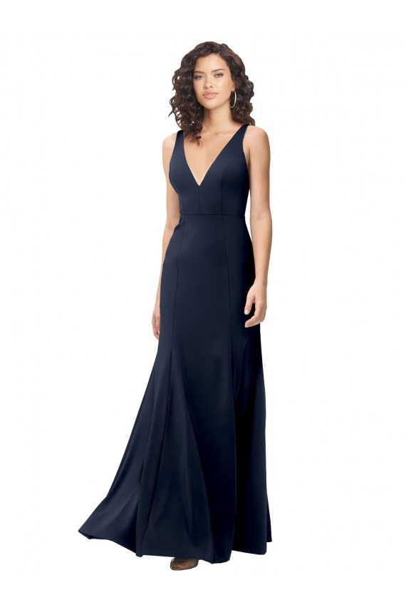 Azul marina oscuro línea A Cuello en V Cuello Alto Crepé Elástico Largo Formales Vestidos de dama de honor / Vestidos de fiesta Tiendas