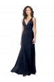 Azul marina oscuro línea A Cuello en V Cuello Alto Crepé Elástico Largo Formales Vestidos de dama de honor / Vestidos de fiesta Tiendas