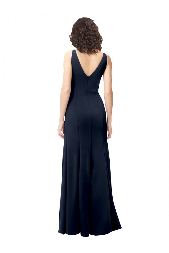 Azul marina oscuro línea A Cuello en V Cuello Alto Crepé Elástico Largo Formales Vestidos de dama de honor / Vestidos de fiesta Tiendas