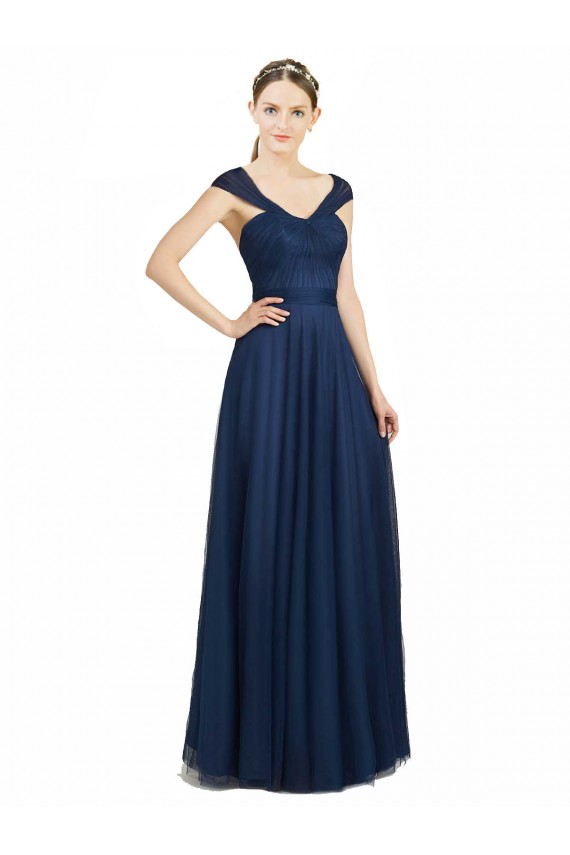 Azul marina oscuro línea A Cuello en V Cuello de Corazón Tul Largo Vestidos de dama de honor Tiendas