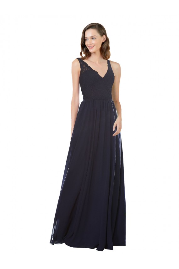 Azul marina oscuro línea A Cuello en V Gasa Encaje Largo Vestidos de dama de honor Tiendas