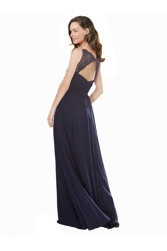 Azul marina oscuro línea A Cuello en V Gasa Encaje Largo Vestidos de dama de honor Tiendas