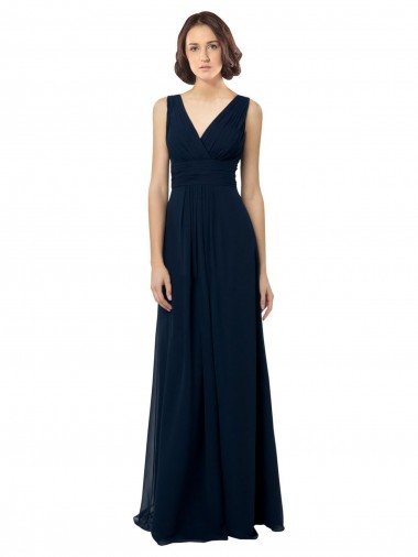 Azul marina oscuro línea A Cuello en V Gasa Largo Vestidos de dama de honor Tiendas