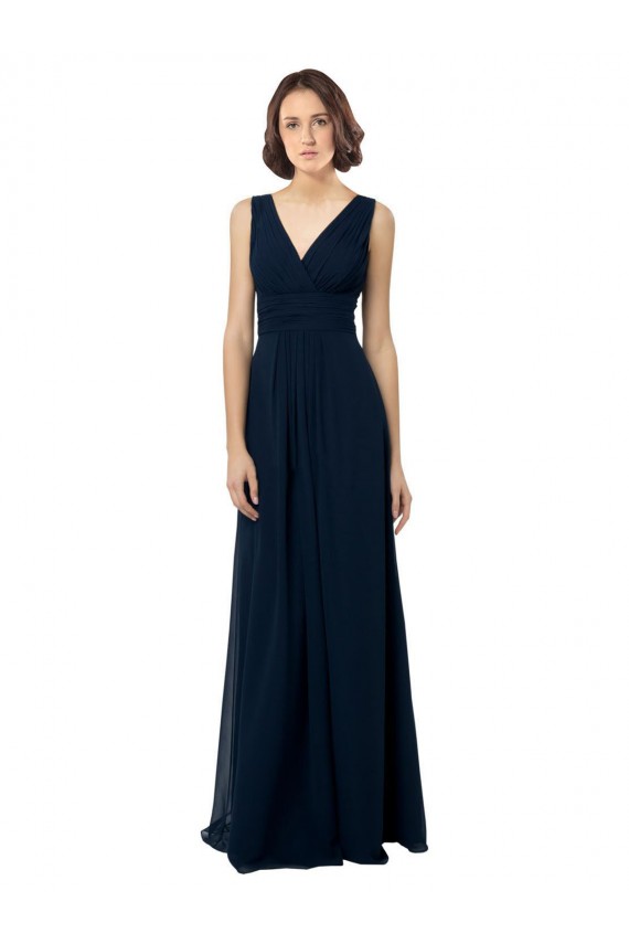 Azul marina oscuro línea A Cuello en V Gasa Largo Vestidos de dama de honor Tiendas
