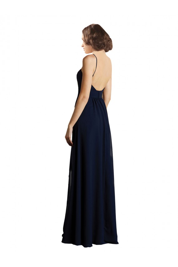 Azul marina oscuro línea A Cuello en V Gasa Largo Vestidos de dama de honor Tiendas