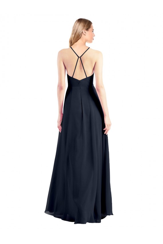 Azul marina oscuro línea A Cuello en V Gasa Largo Vestidos de dama de honor / Vestidos de fiesta Tiendas