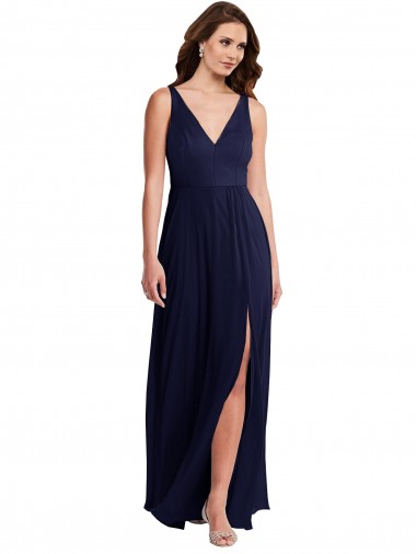 Azul marina oscuro línea A Cuello en V Gasa Largo Vestidos de dama de honor Tiendas