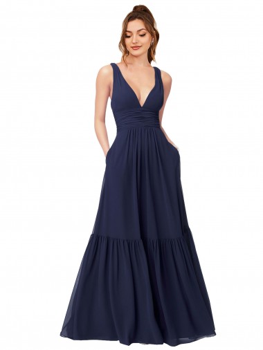 Azul marina oscuro línea A Cuello en V Gasa Largo Vestidos de dama de honor Tiendas