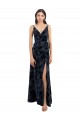Azul marina oscuro línea A Cuello en V Terciopelo floral Terciopelo Elástico Largo Vestidos de dama de honor Tiendas