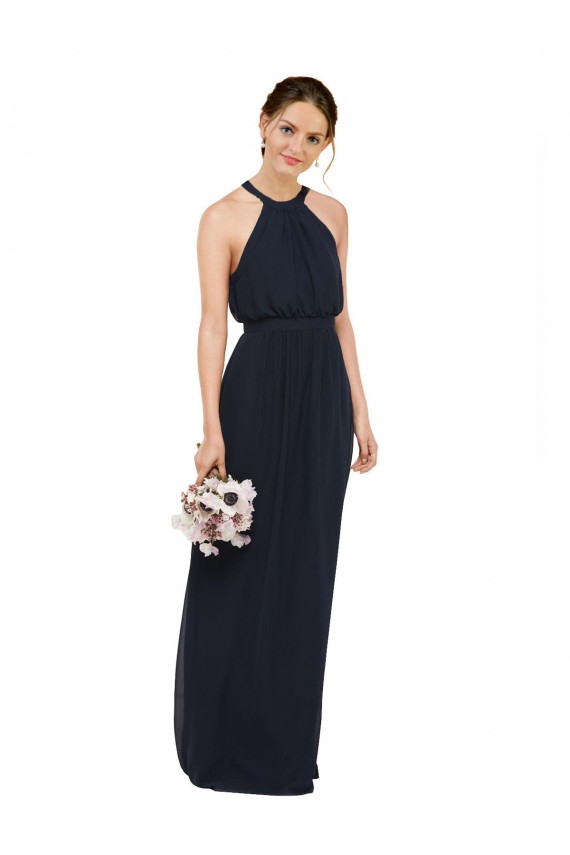 Azul marina oscuro línea A Halter Cuello Alto Gasa Largo Vestidos de dama de honor Tiendas
