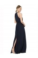 Azul marina oscuro línea A Halter Cuello Alto Gasa Largo Vestidos de dama de honor Tiendas