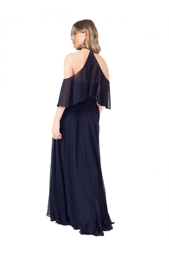 Azul marina oscuro línea A Halter Cuello Alto Gasa Largo Vestidos de dama de honor Tiendas