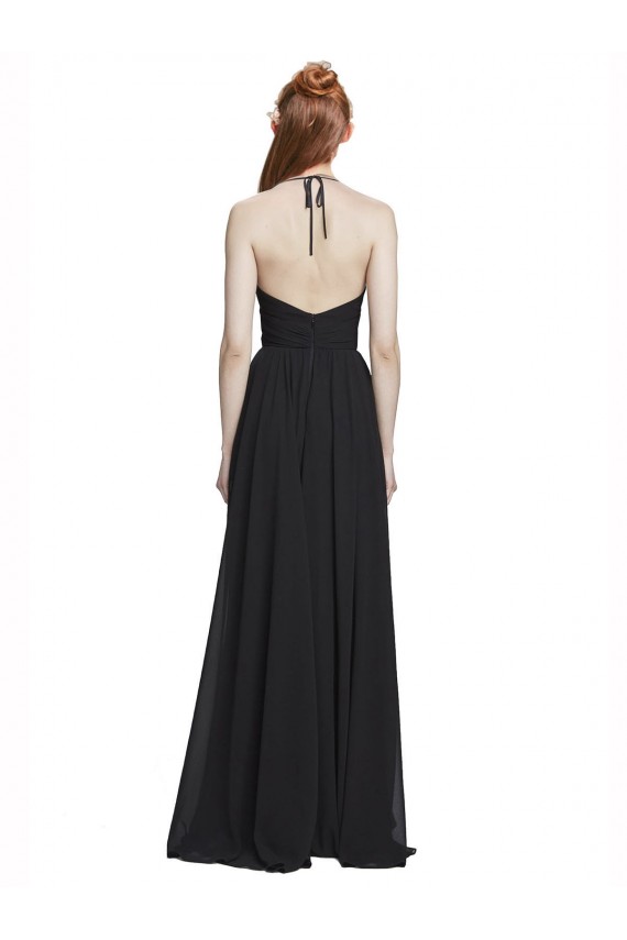 Azul marina oscuro línea A Halter Cuello en V Gasa Largo Vestidos de dama de honor Tiendas