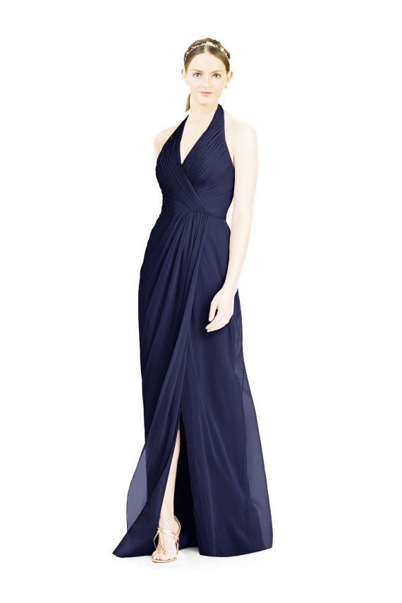 Azul marina oscuro línea A Halter Cuello en V Gasa Largo Vestidos de dama de honor Tiendas