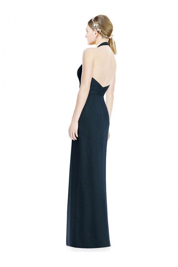 Azul marina oscuro línea A Halter Cuello en V Gasa Largo Vestidos de dama de honor Tiendas