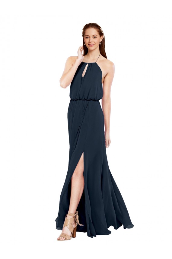 Azul marina oscuro línea A Halter Gasa Largo Vestidos de dama de honor Tiendas