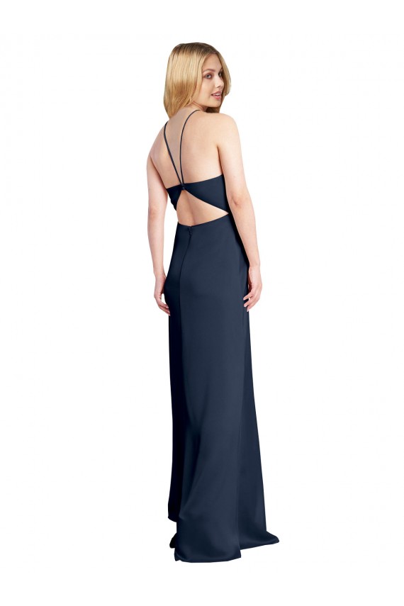 Azul marina oscuro línea A Halter Satén elástico Largo Formales Vestidos de dama de honor / Vestidos de fiesta Tiendas