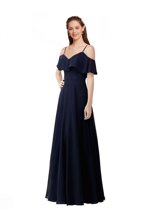 Azul marina oscuro línea A Hombros Descubiertos Cuello en V Gasa Largo Vestidos de dama de honor Tiendas