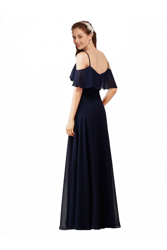 Azul marina oscuro línea A Hombros Descubiertos Cuello en V Gasa Largo Vestidos de dama de honor Tiendas