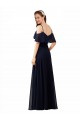 Azul marina oscuro línea A Hombros Descubiertos Cuello en V Gasa Largo Vestidos de dama de honor Tiendas