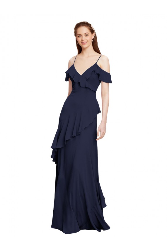 Azul marina oscuro línea A Hombros Descubiertos Tirantes espagueti Gasa Largo Vestidos de dama de honor Tiendas
