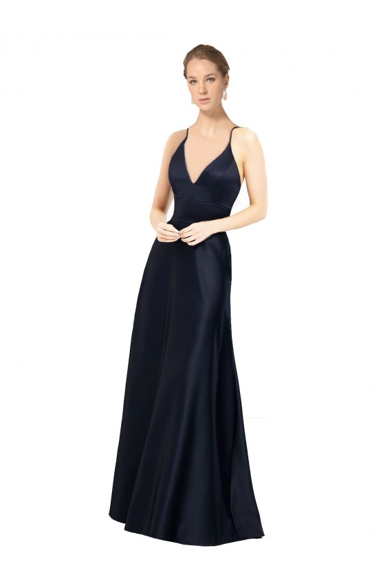 Azul marina oscuro línea A Tirantes espagueti Cuello en V Satén Largo Vestidos de dama de honor / Vestidos de fiesta Tiendas