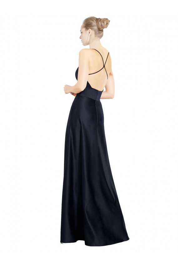 Azul marina oscuro línea A Tirantes espagueti Cuello en V Satén Largo Vestidos de dama de honor / Vestidos de fiesta Tiendas